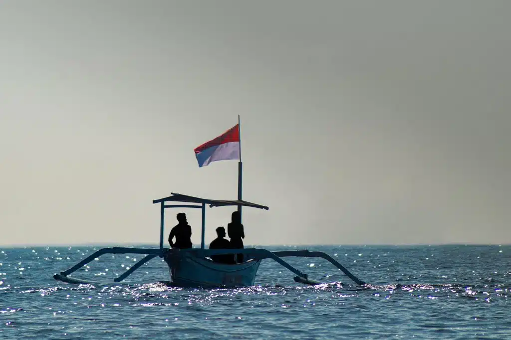 Jukung Dive boat on the water in Amed preparing to go for a dive