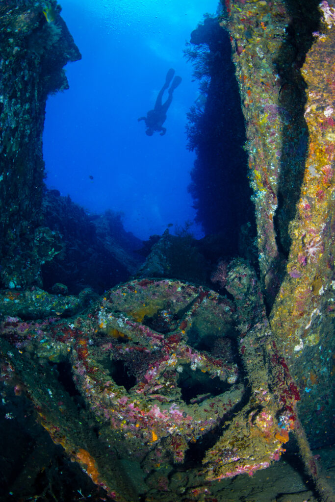 Scuba diver exploring the USAT Liberty Shipwreck in Tulamben, Bali, surrounded by coral-covered steel beams and deep blue water