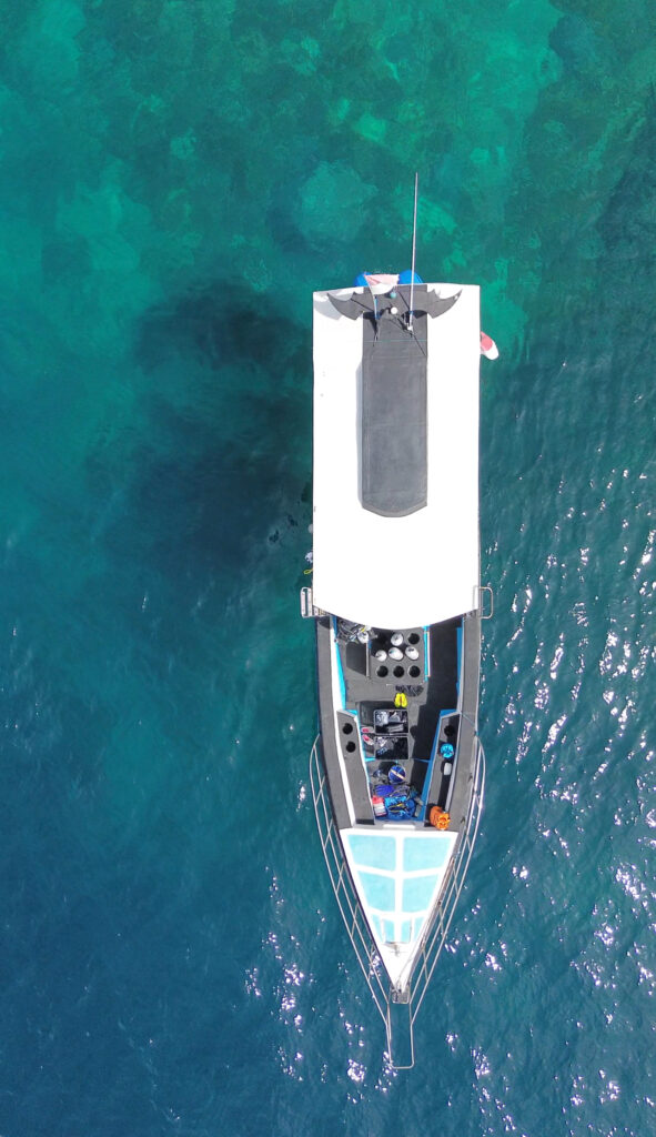 Jukung dive boat from drone footage on the water