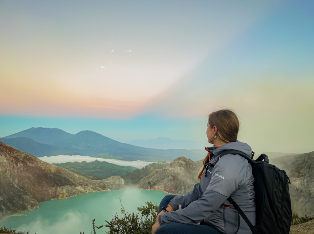 View over Mount Ijen crater lake and volcanic landscape, East Java