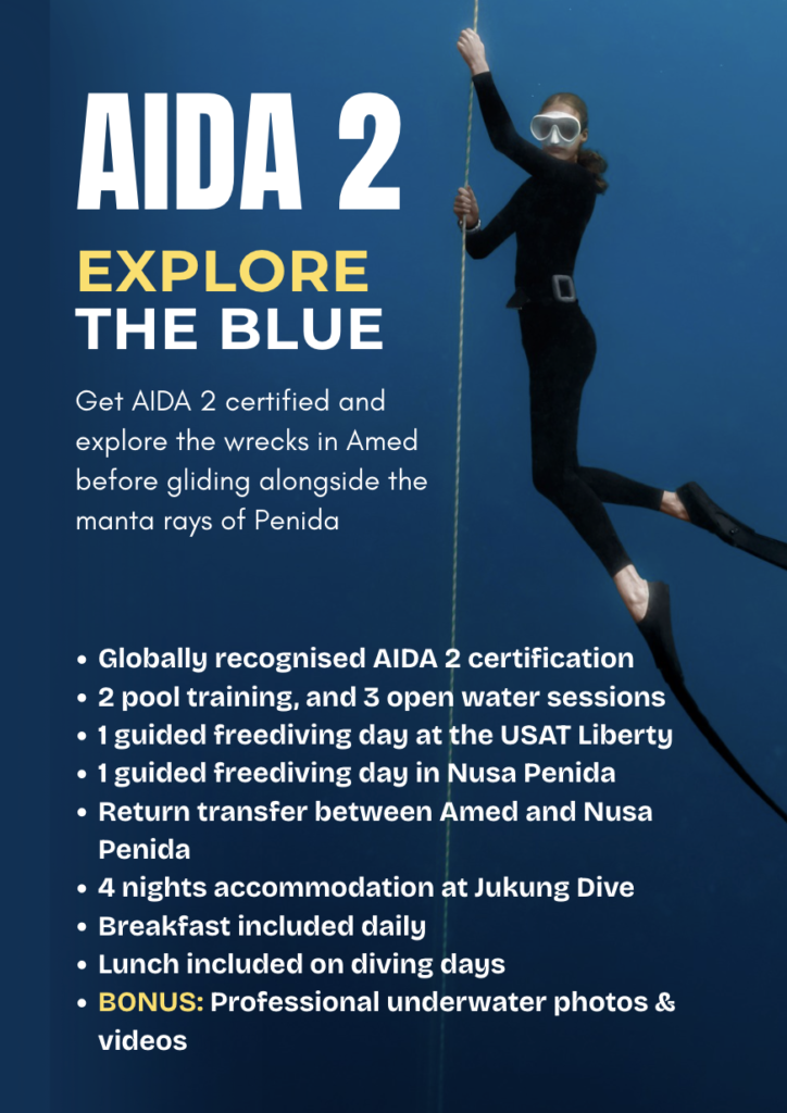 AIDA 2 freediving certification and adventure package in Amed and Nusa Penida, Bali