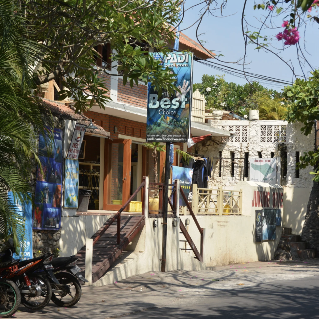 Jukung Dive Amed resort entrance and PADI dive centre in Amed Bali
