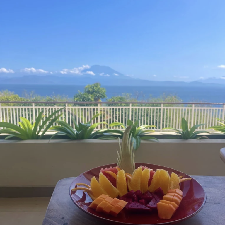 Fresh tropical fruit platter with Mount Agung views in Nusa Penida