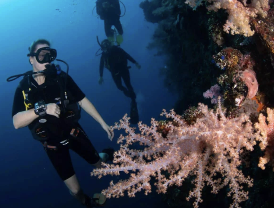 Beginner scuba diver exploring colourful coral reefs during a PADI Discover Scuba Diving experience in Bali with a professional dive instructor