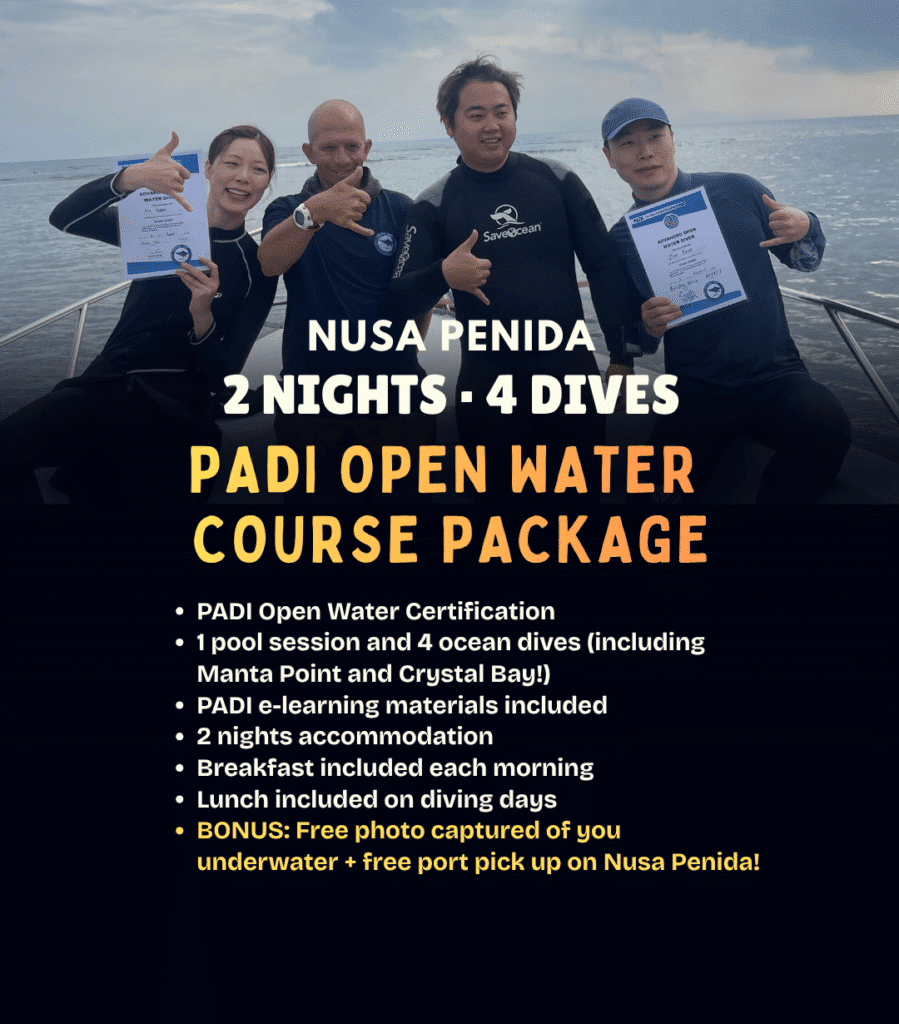 View PADI Open Water course package in Nusa Penida – beginner scuba certification with 2 nights and 4 ocean training dives
