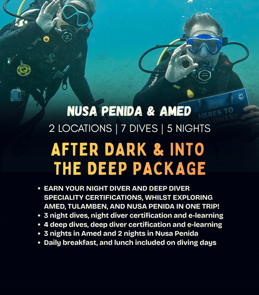 View After Dark and Into the Deep package – Night Diver and Deep Diver specialties across Amed and Nusa Penida