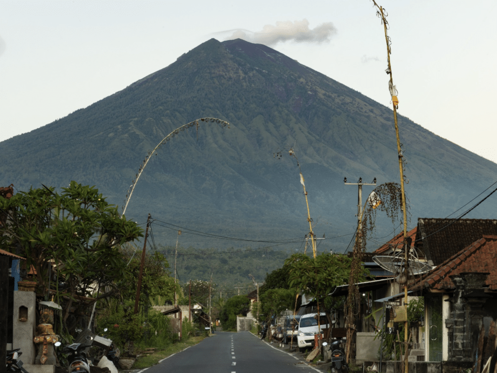 Mount Agung in Amed over traditional Balinese streets